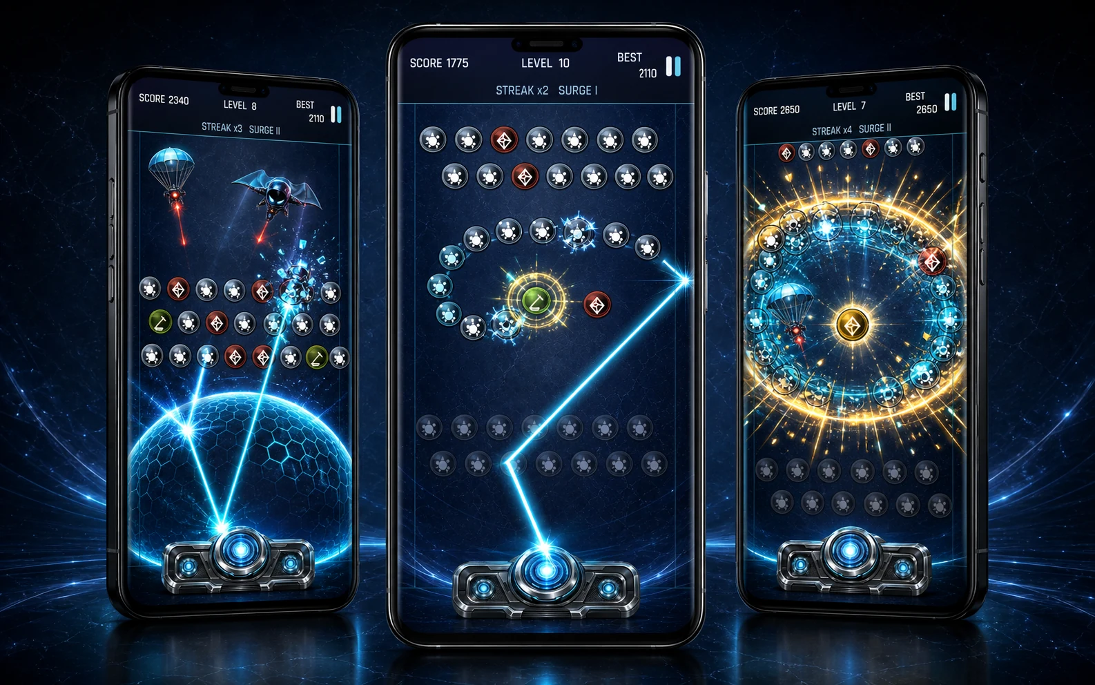 Three LAZENTIR phones showing AI Dome interception, a Level 10 bank-shot breach, and a Tactical Nuke Gold Core climax